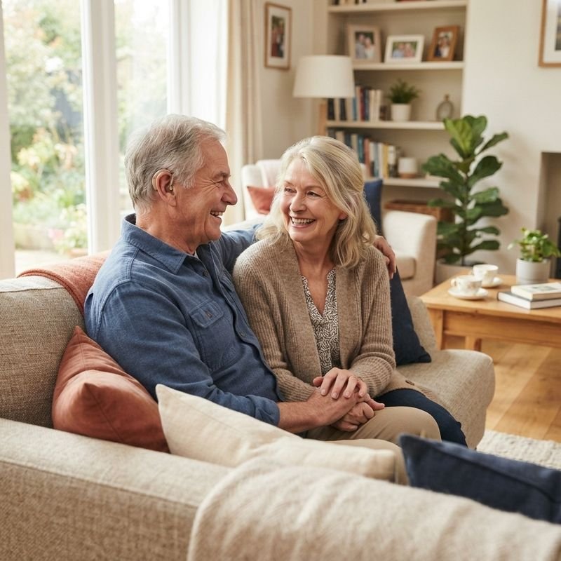 Smiling older couple at home in Red Deer, the husband wearing a discreet behind-the-ear hearing aid, laughing together on the sofa