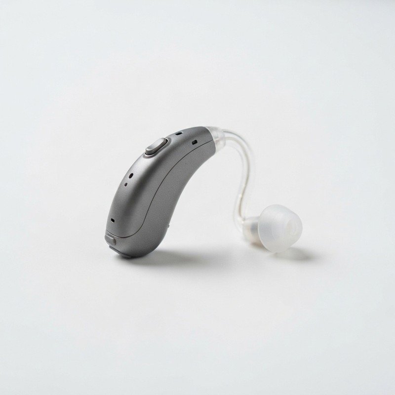 Modern grey digital hearing aid with slim tube and soft ear dome