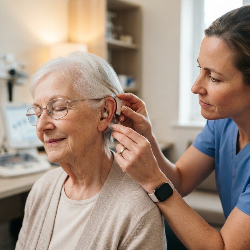 Audiologist fitting a hearing aid on a patient in a Red Deer clinic