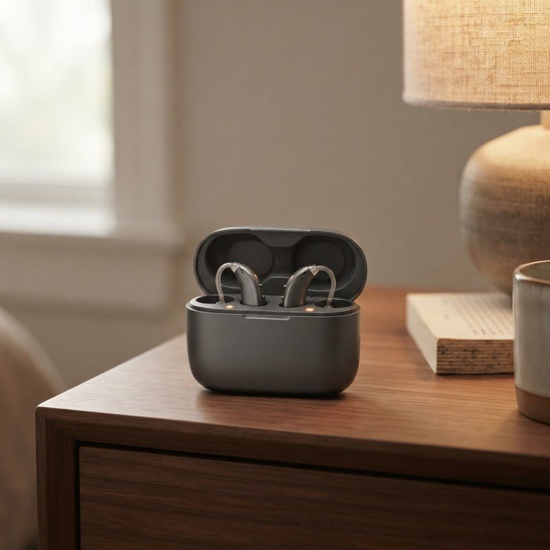 Pair of rechargeable hearing aids in an open charging case