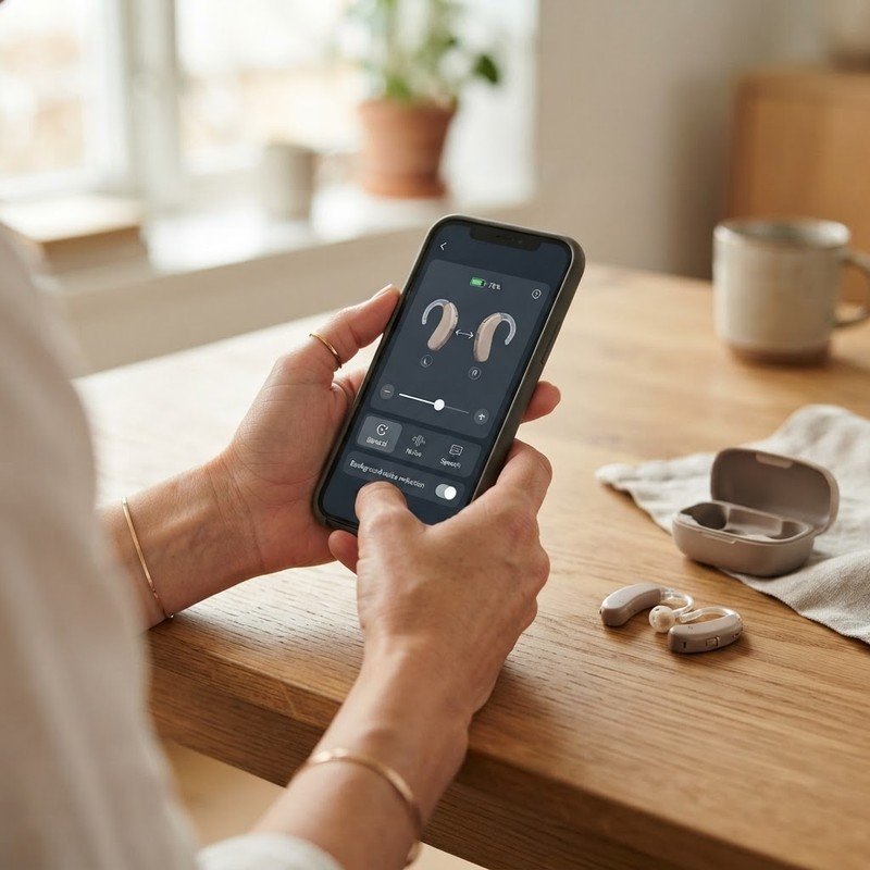 Person adjusting hearing aid settings through a smartphone app