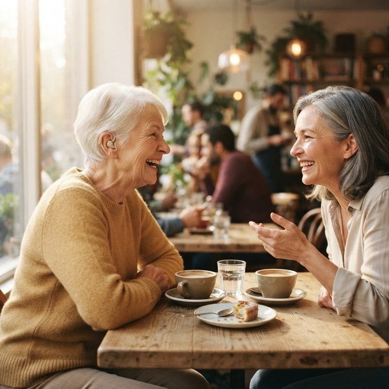 Friends chatting over coffee wearing hearing aids