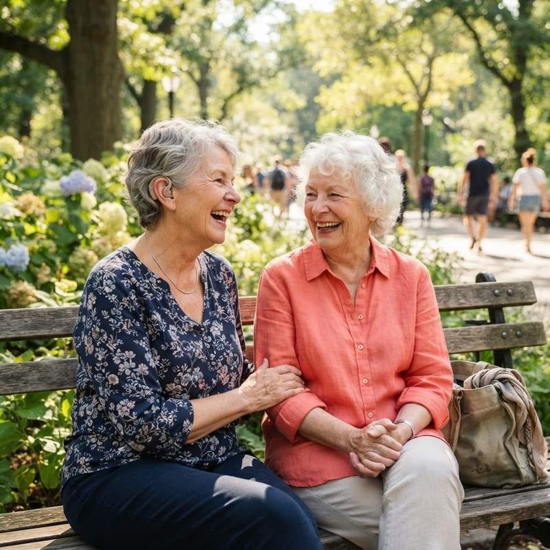 Older friends enjoying conversation outdoors near Sylvan Lake