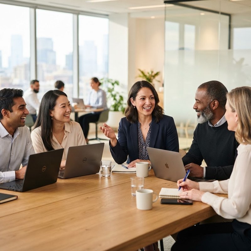 Group of colleagues talking around a table in a bright office meeting room