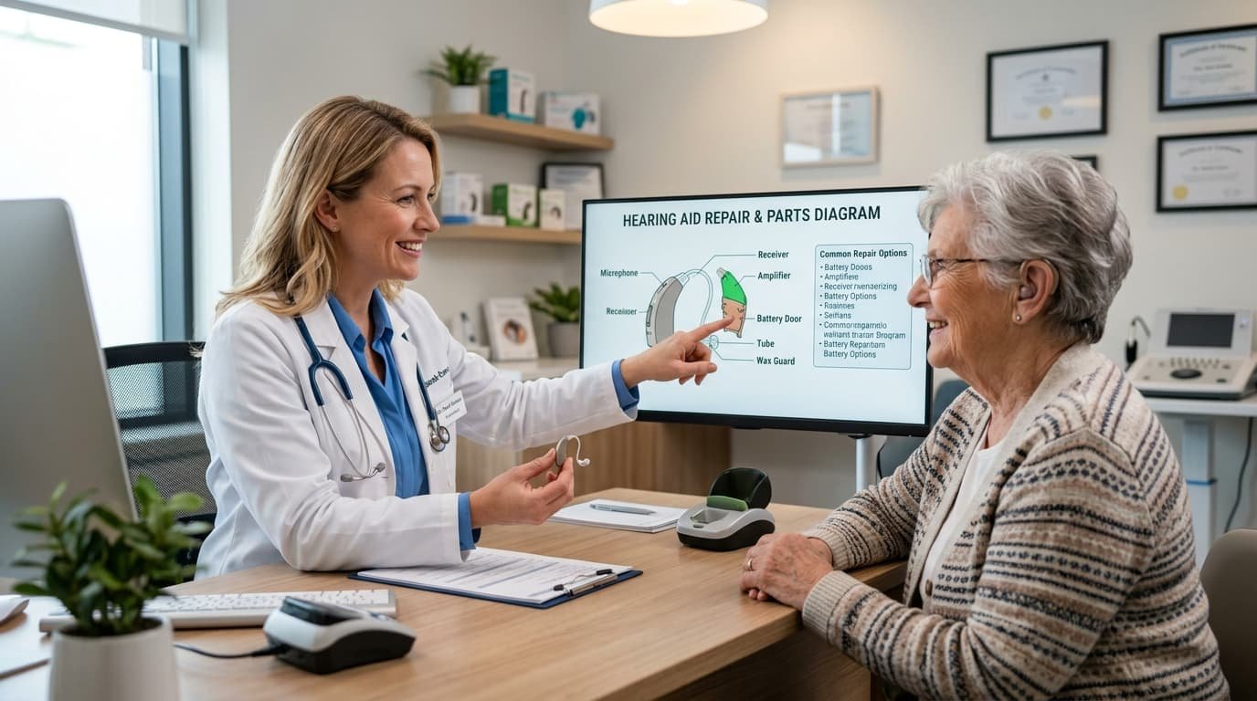 Hearing care practitioner pointing to a hearing aid parts diagram while showing a device to a patient